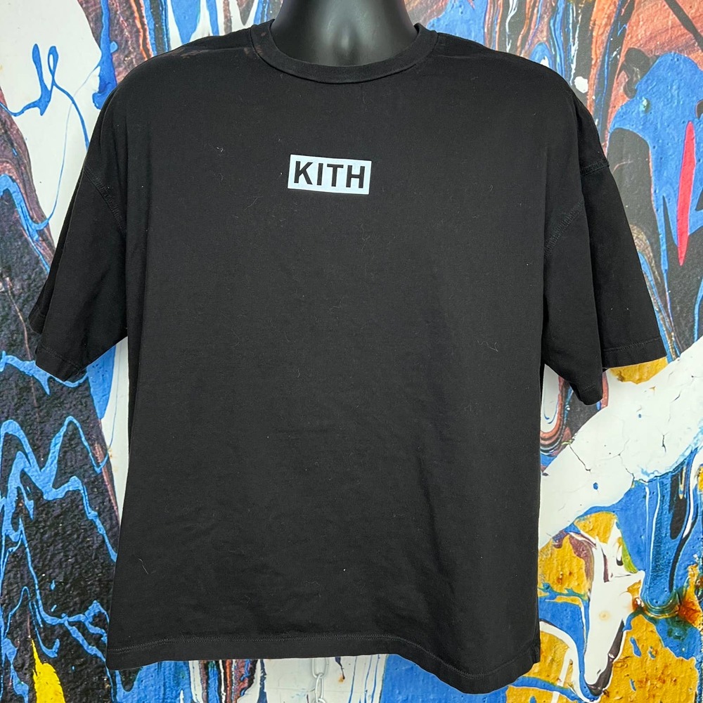 Modern KITH Box Logo black streetwear tee w/ bleach flaws